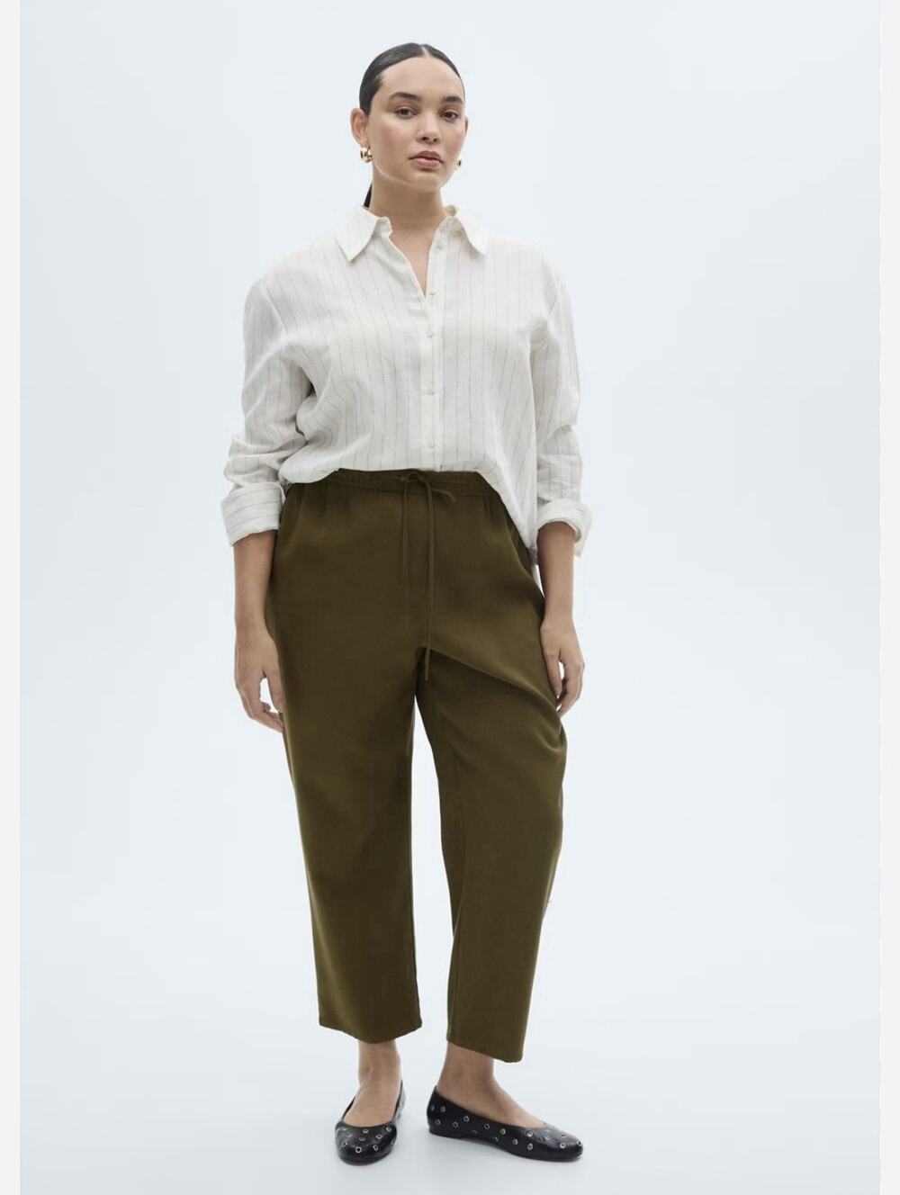 MANGO Drawstring Flowy Pants Womens Lg Olive Crop Trousers Pull-On Stretch Waist